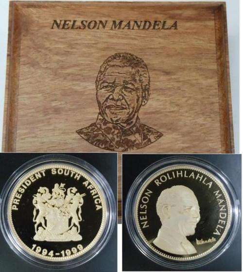 ORIGINAL MANDELA SIGNED 24KT GOLD PLATED "SA COAT OF ARMS" MEDAL + PRINTED SOLID WOODEN BOX
